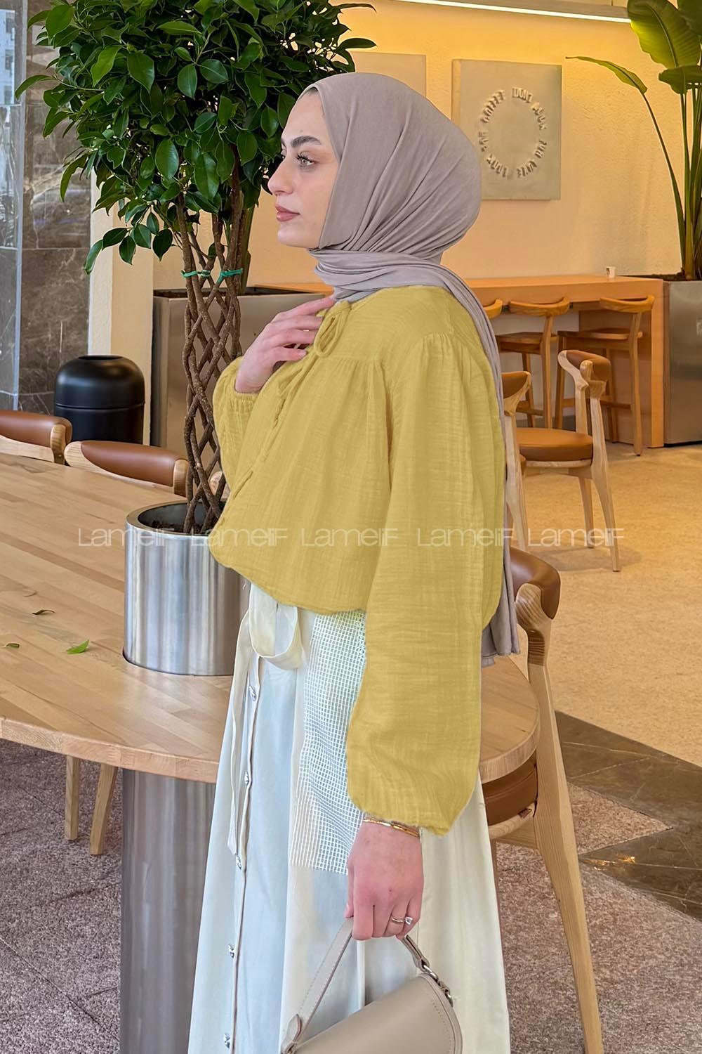 Lamelif V Yaka Kolları Lastikli Müslin Tesettür Gömlek Soft Sarı