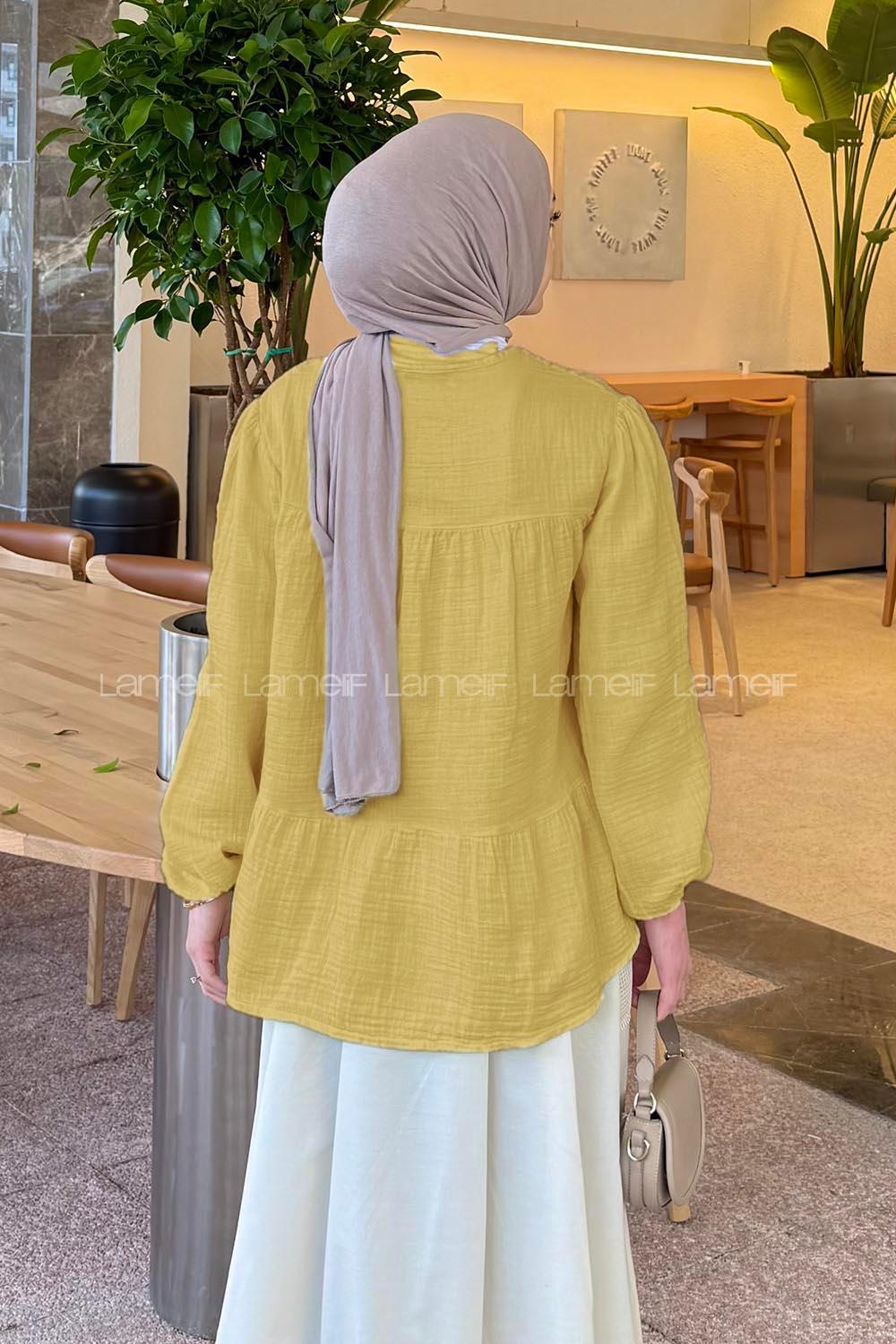 Lamelif V Yaka Kolları Lastikli Müslin Tesettür Gömlek Soft Sarı