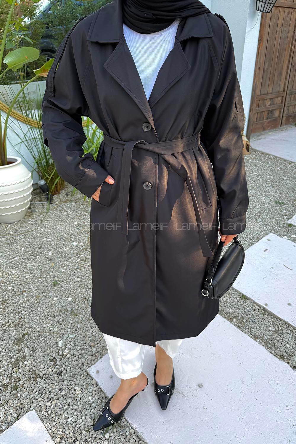 Lamelif Anastasia Kolları Pileli Trençkot Siyah