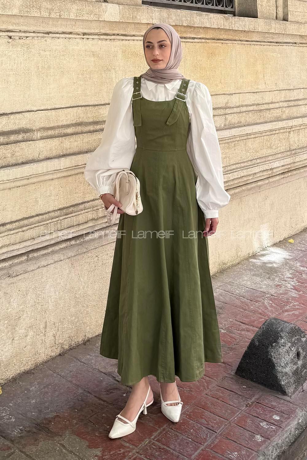 Khaki Scoop Neck Gabardin Unprinted Dresess