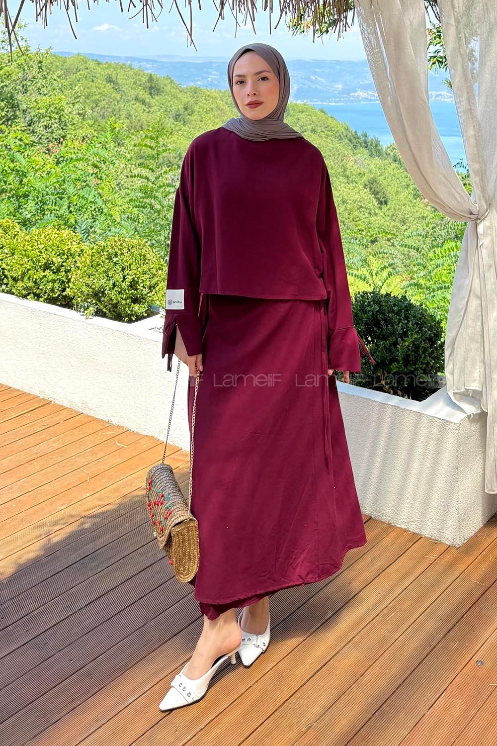 Lamelif Biye Detaylı Etekli Tesettür Takım Bordo