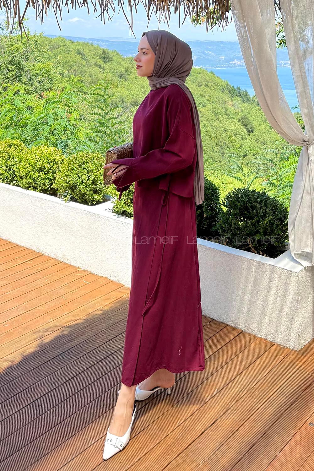 Lamelif Biye Detaylı Etekli Tesettür Takım Bordo