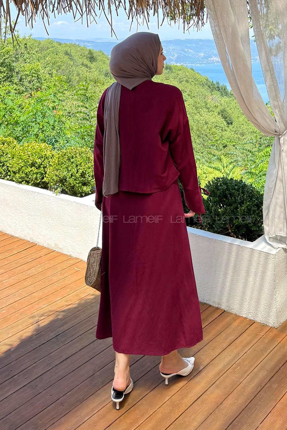 Lamelif Biye Detaylı Etekli Tesettür Takım Bordo