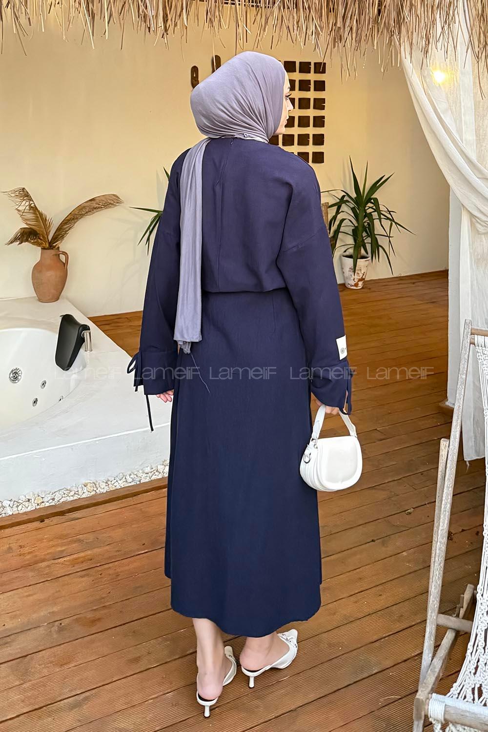 Lamelif Biye Detaylı Etekli Tesettür Takım Lacivert