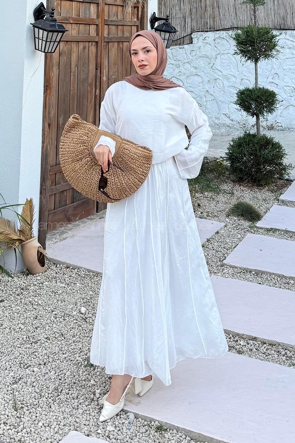 Lamelif Etek-Bluz İkili Tesettür Takım Beyaz
