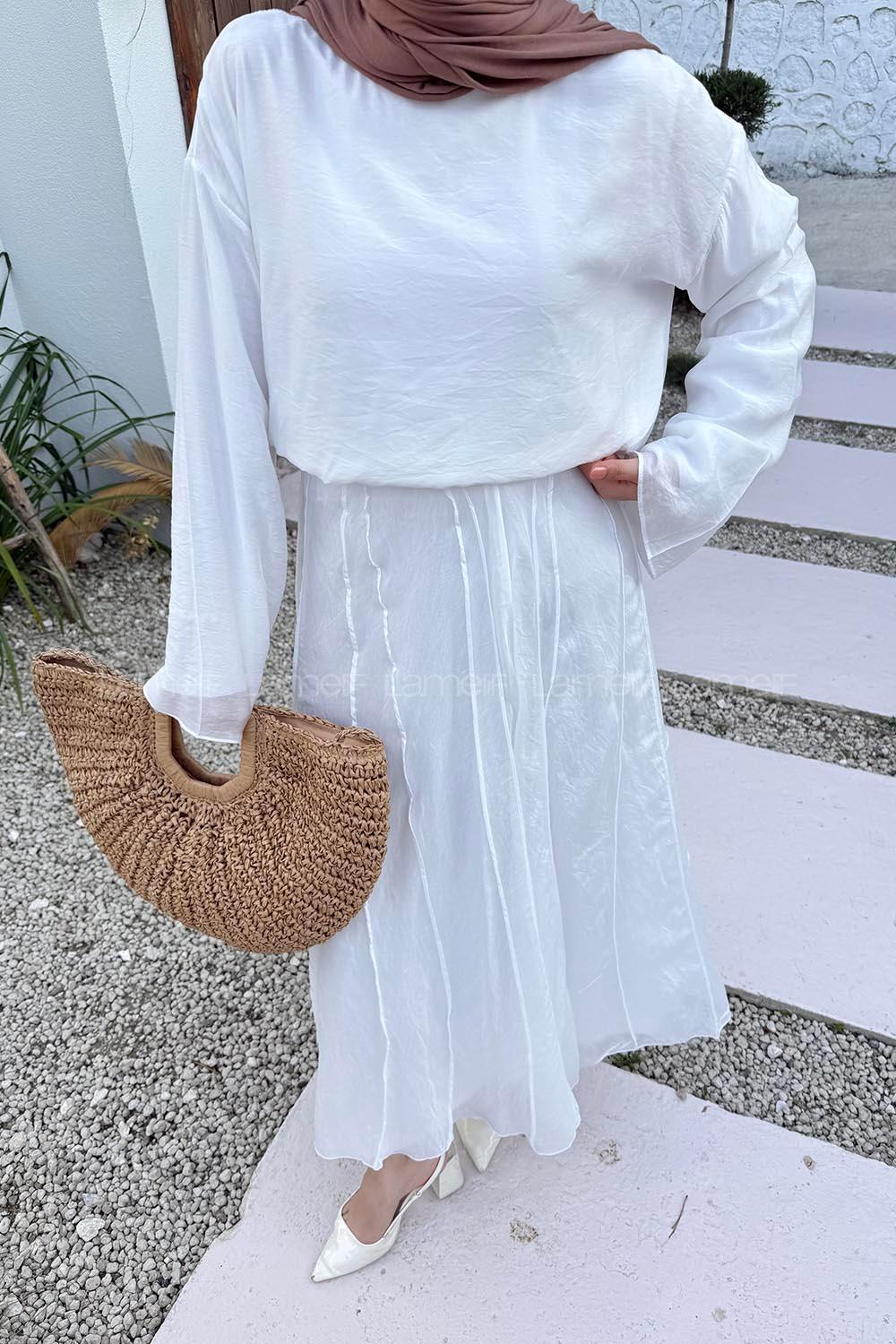 Lamelif Etek-Bluz İkili Tesettür Takım Beyaz