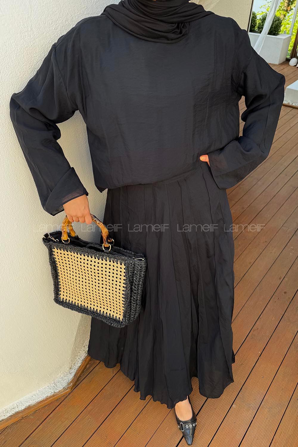 Lamelif Etek-Bluz İkili Tesettür Takım Siyah
