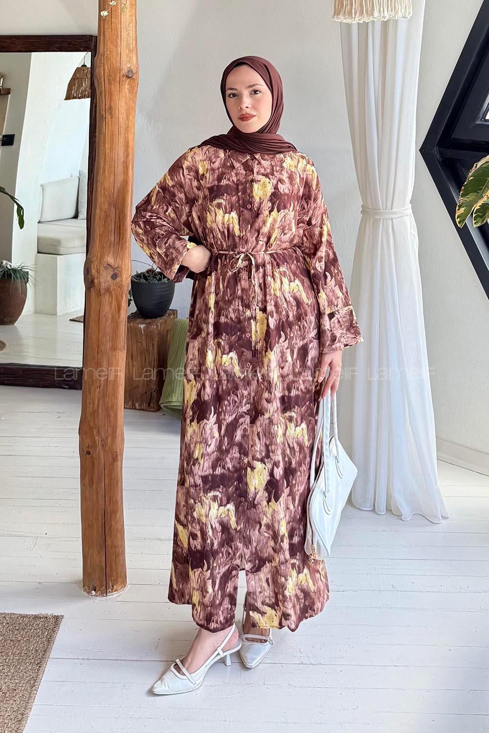 Lamelif Takma Manşet Desenli Tesettür Elbise Camel
