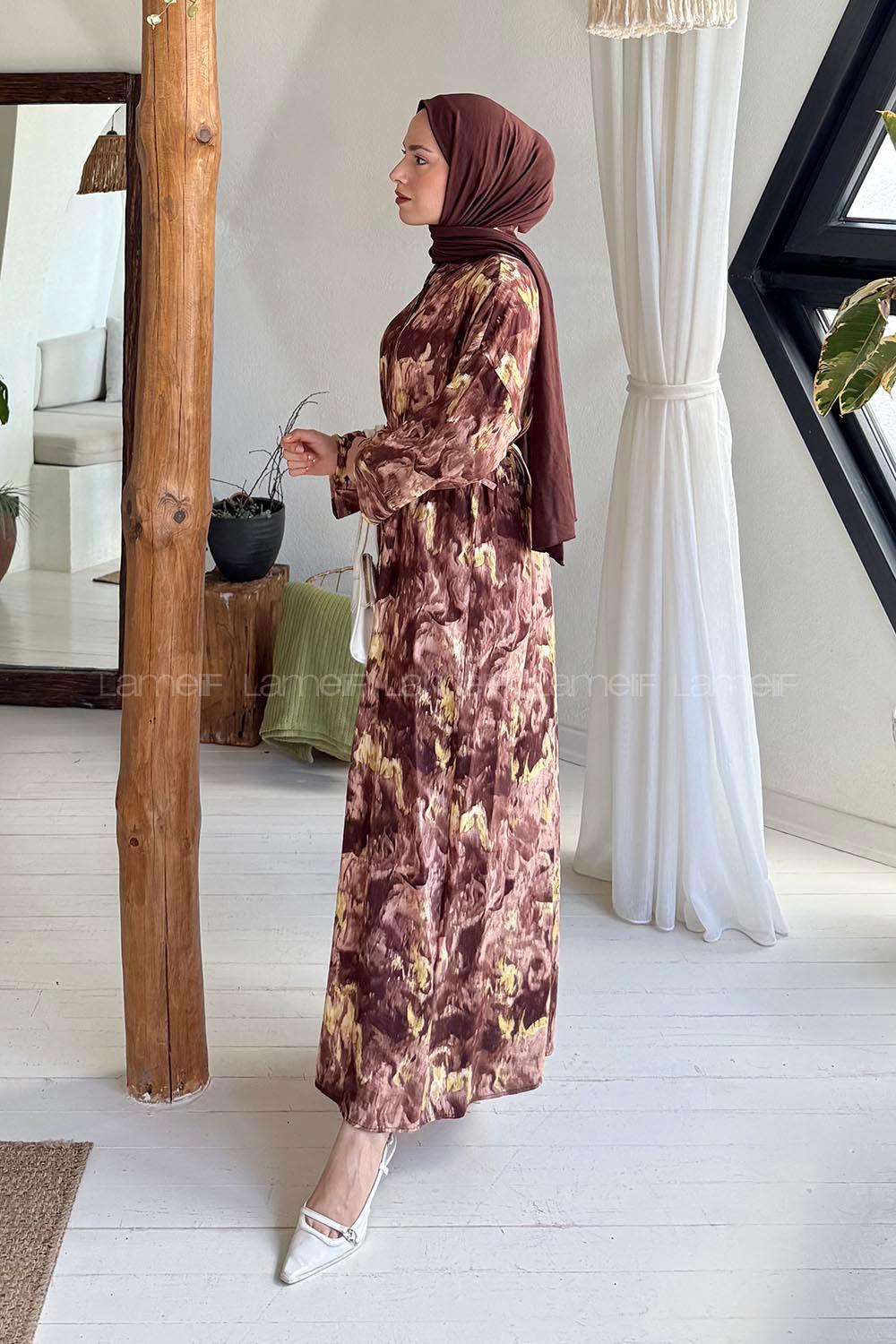 Lamelif Takma Manşet Desenli Tesettür Elbise Camel