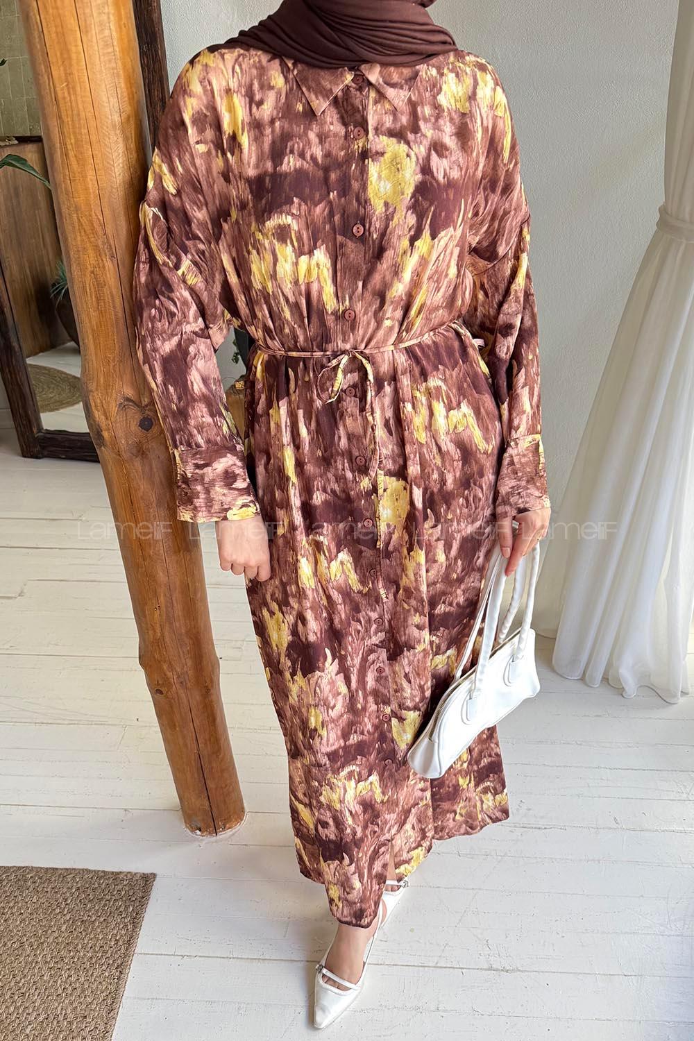 Lamelif Takma Manşet Desenli Tesettür Elbise Camel