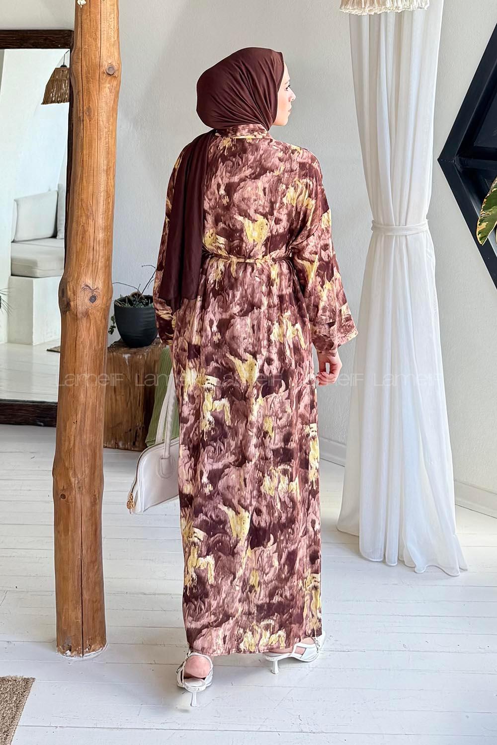Lamelif Takma Manşet Desenli Tesettür Elbise Camel
