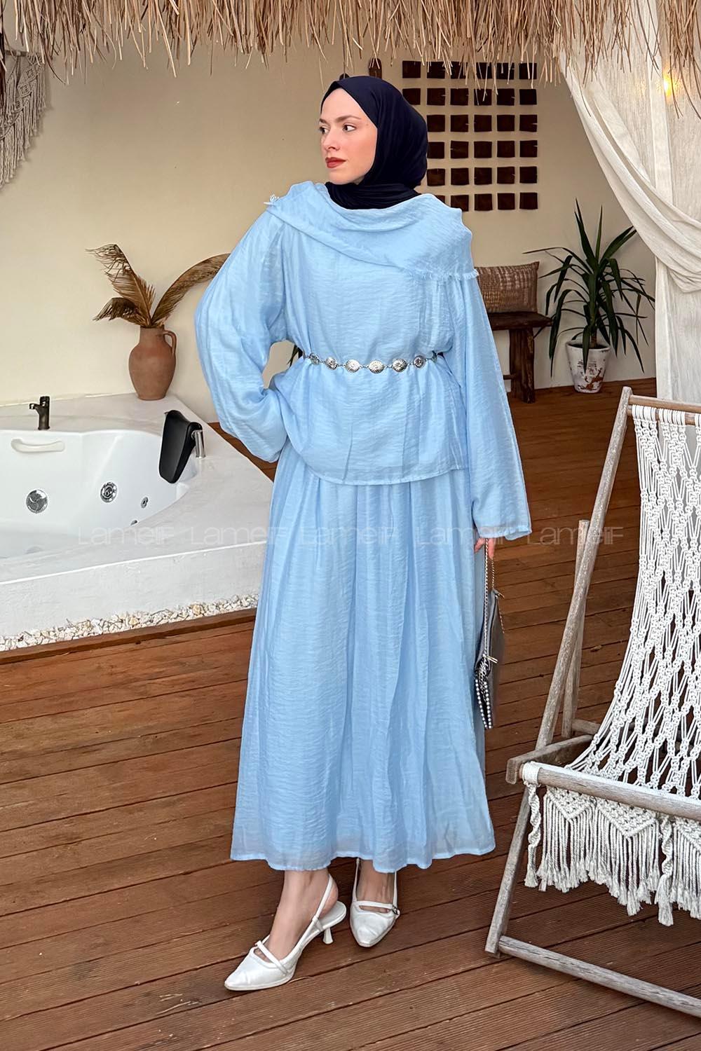 Lamelif Tensel Etek-Bluz Tesettür Takım Bebe Mavisi
