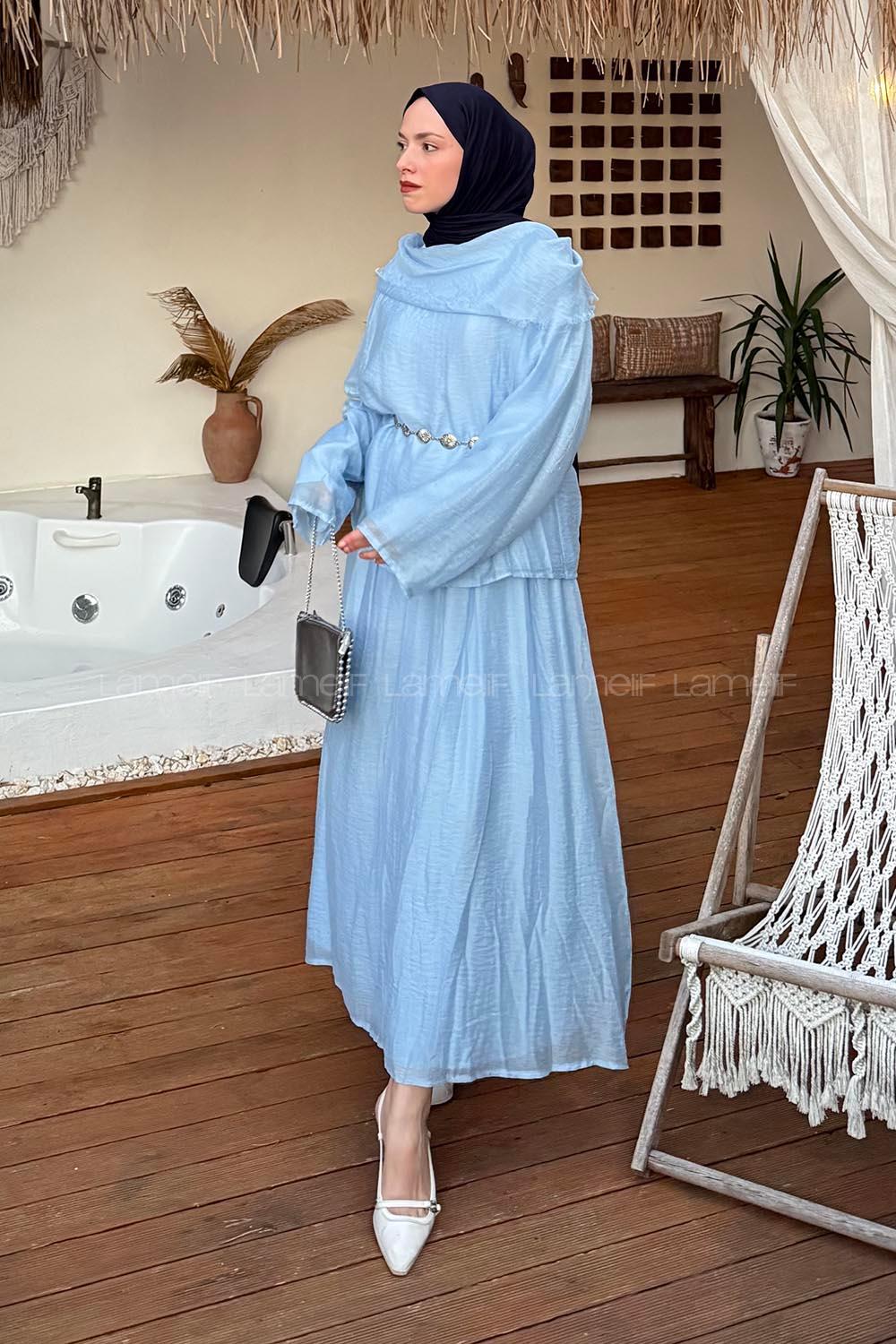 Lamelif Tensel Etek-Bluz Tesettür Takım Bebe Mavisi