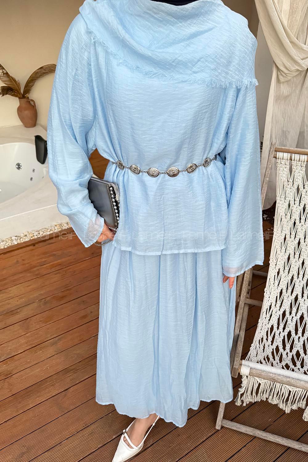 Lamelif Tensel Etek-Bluz Tesettür Takım Bebe Mavisi