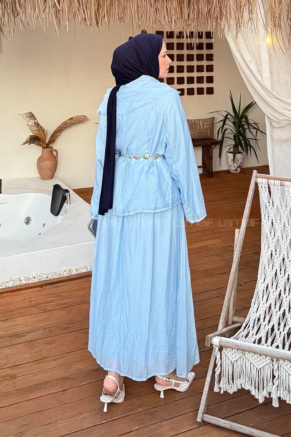 Lamelif Tensel Etek-Bluz Tesettür Takım Bebe Mavisi