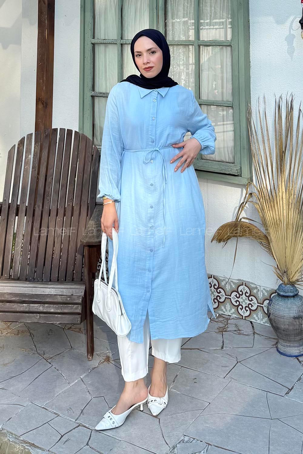 Lamelif Yırtmaç Detaylı Uzun Tesettür Tunik Bebe Mavisi