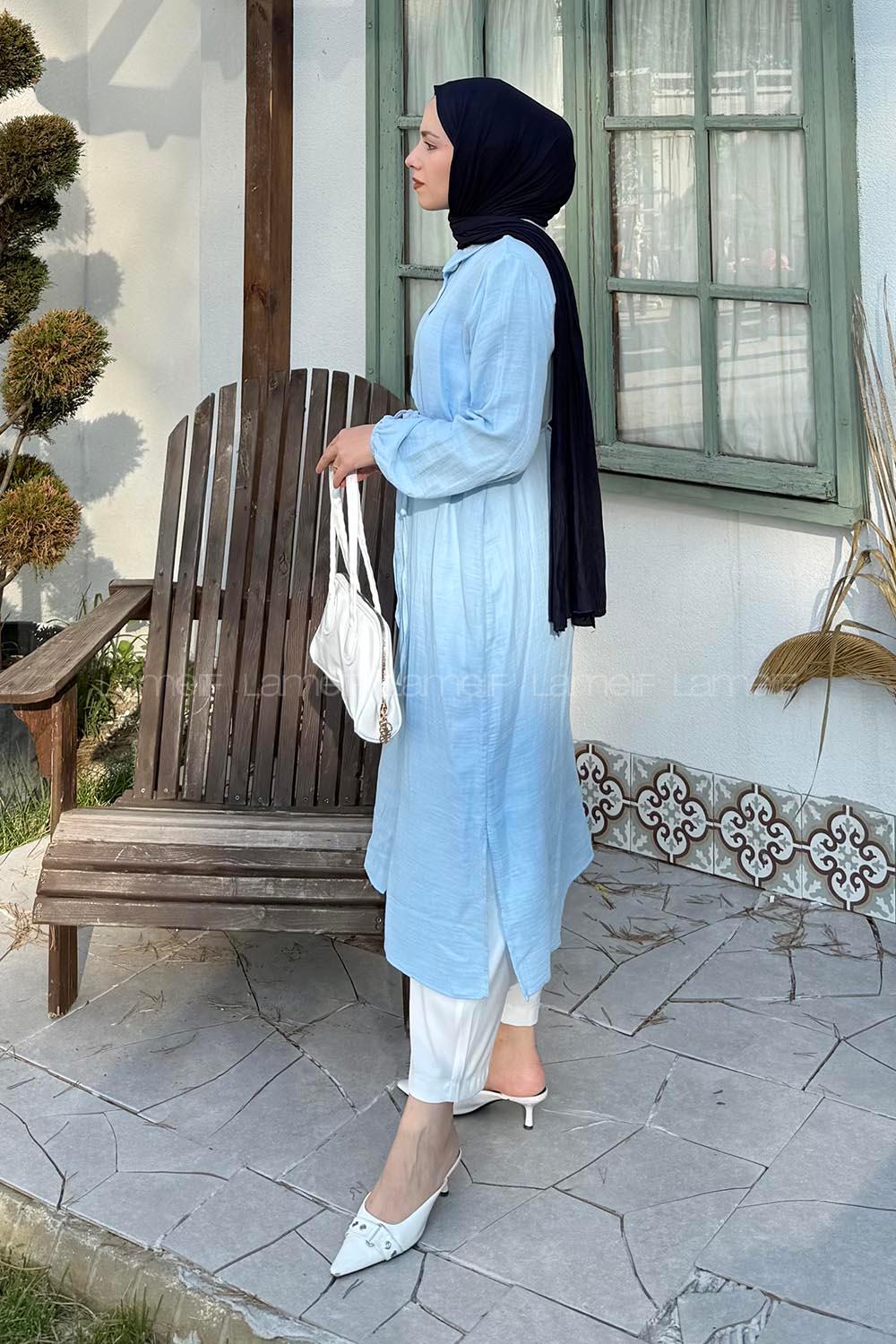 Lamelif Yırtmaç Detaylı Uzun Tesettür Tunik Bebe Mavisi