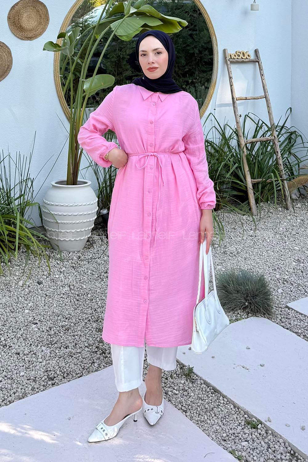 Pink Shirt Collar Cotton Lycra Tunic