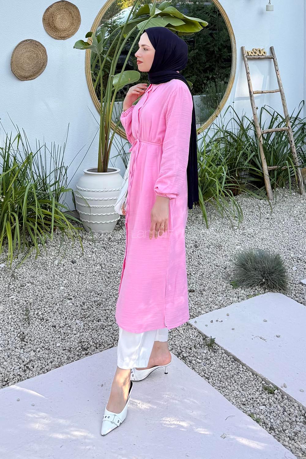 Pink Shirt Collar Cotton Lycra Tunic