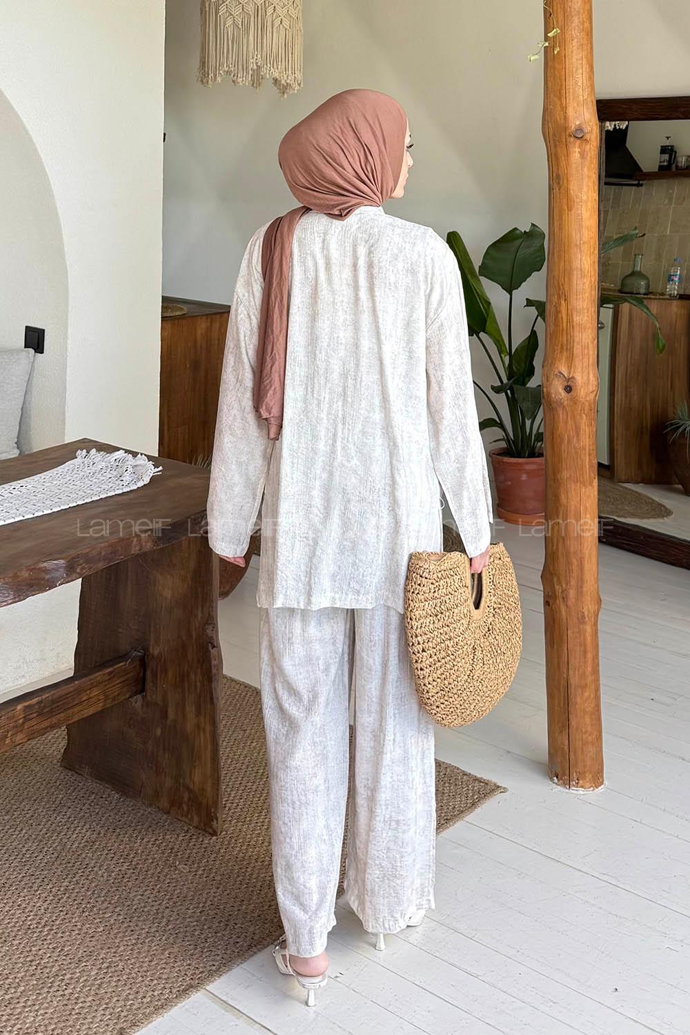 Lamelif Batik Desen Kimono-Pantolon Tesettür Takım Krem