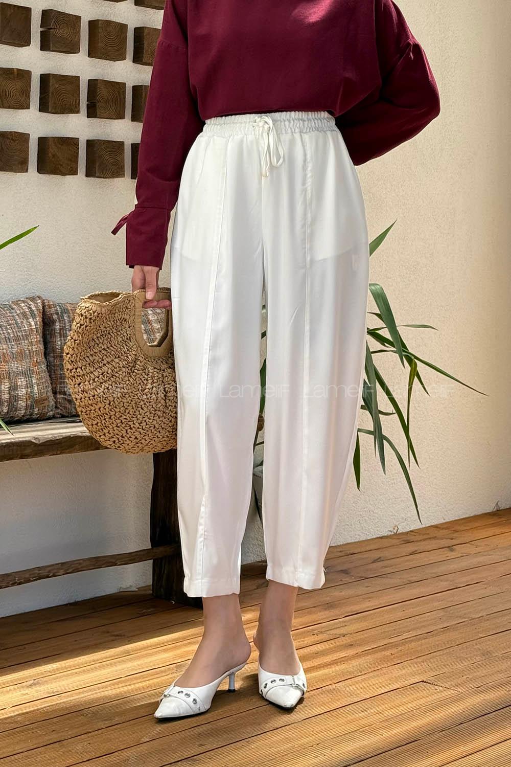 Lamelif Beli Lastikli Çımalı Tesettür Pantolon Beyaz