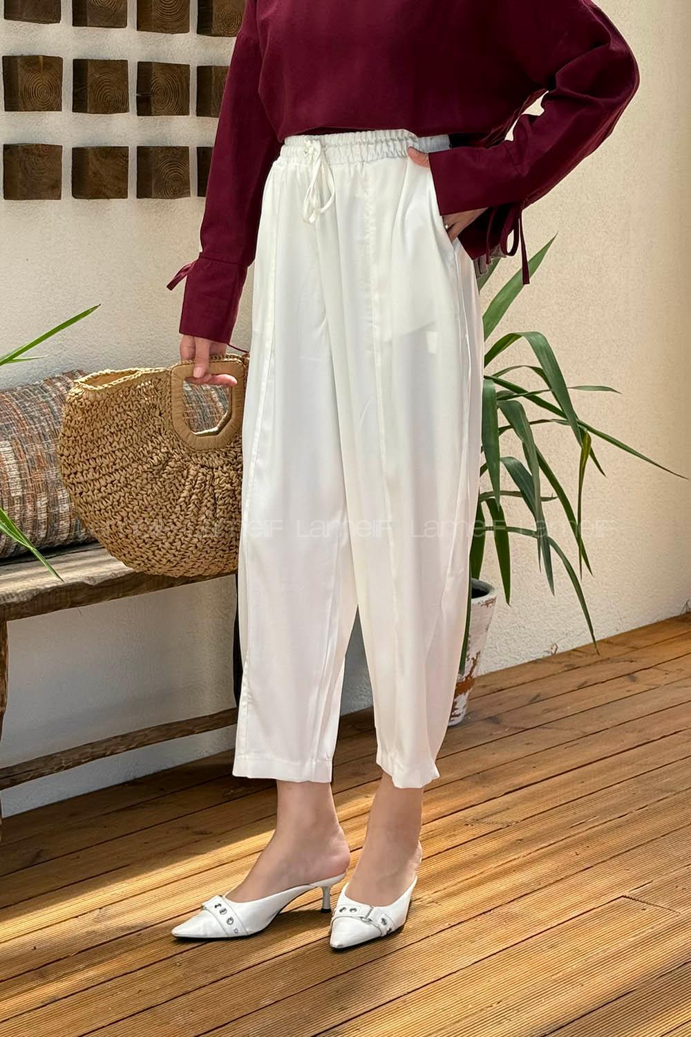 Lamelif Beli Lastikli Çımalı Tesettür Pantolon Beyaz