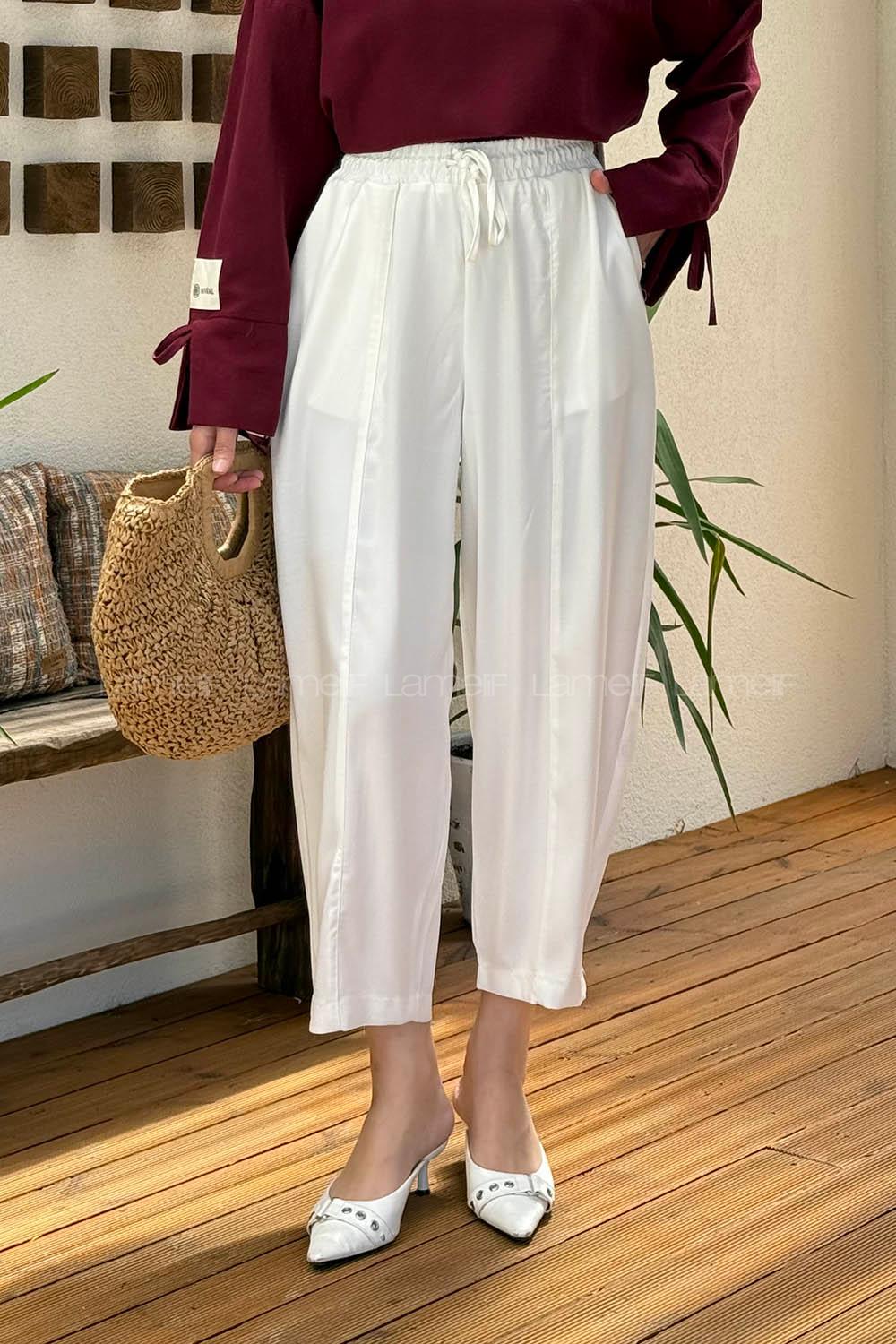 Lamelif Beli Lastikli Çımalı Tesettür Pantolon Beyaz