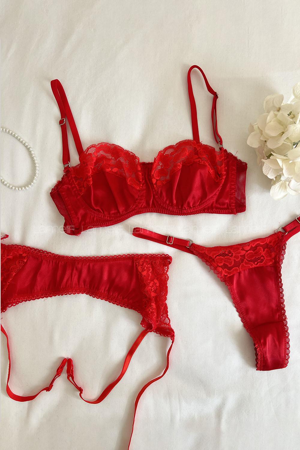 Lamelif Rhera Dantelli Saten Jartiyer Takım