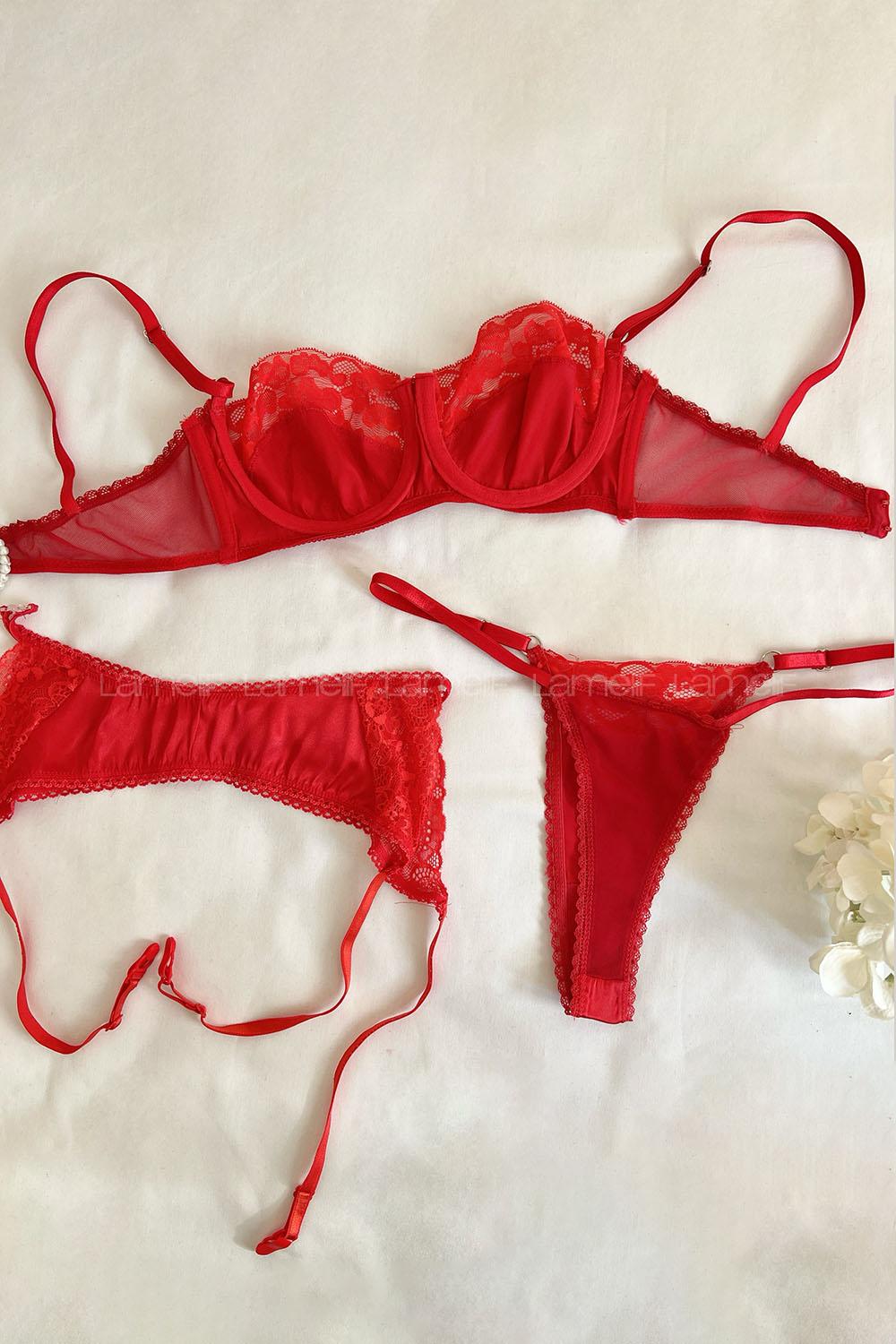 Lamelif Rhera Dantelli Saten Jartiyer Takım