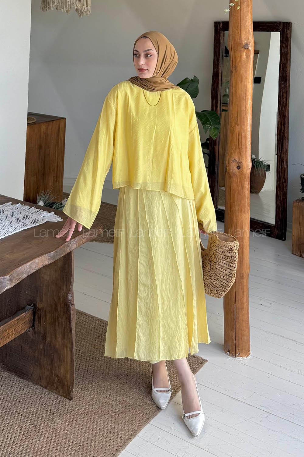 Lamelif Etek-Bluz İkili Tesettür Takım Sarı