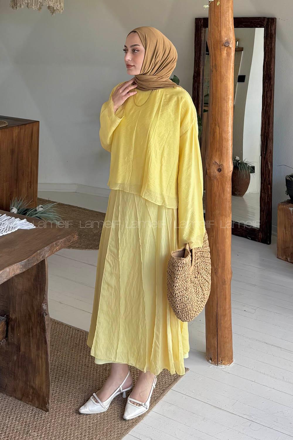 Lamelif Etek-Bluz İkili Tesettür Takım Sarı
