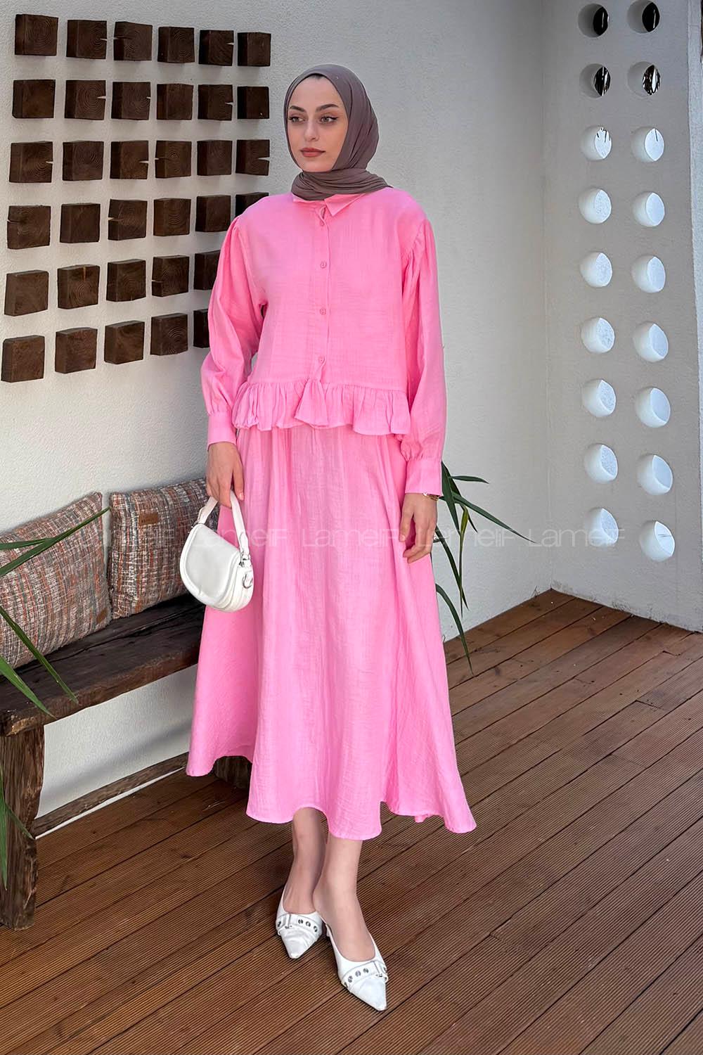 Lamelif Müslin Etekli Tesettür Takım Pembe