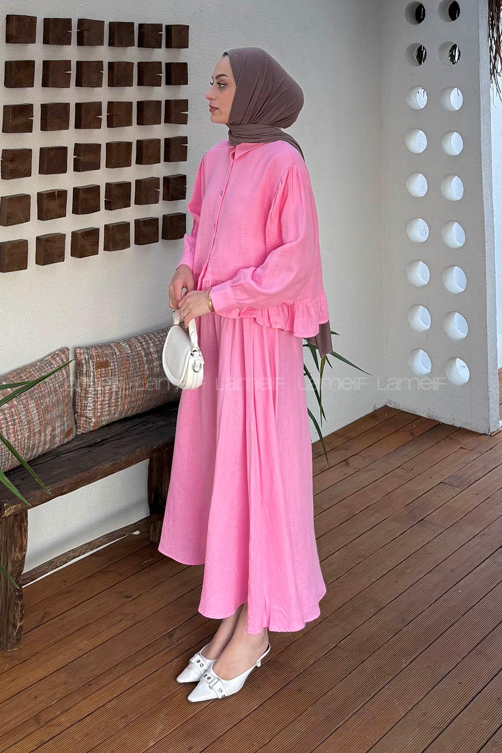 Lamelif Müslin Etekli Tesettür Takım Pembe