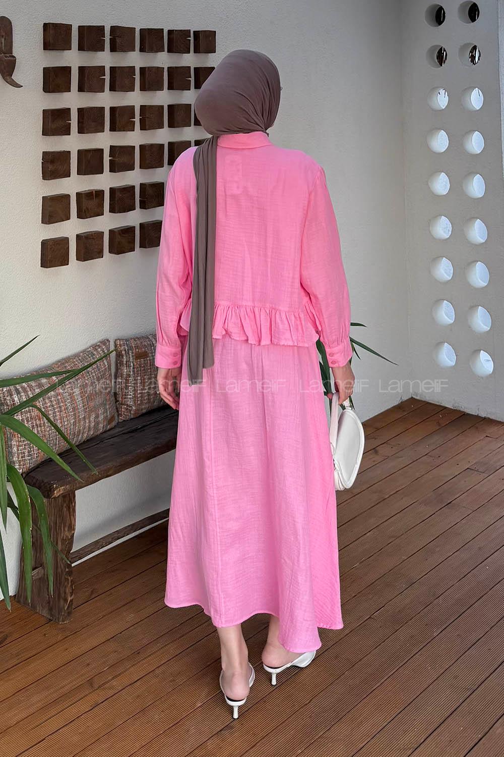 Lamelif Müslin Etekli Tesettür Takım Pembe