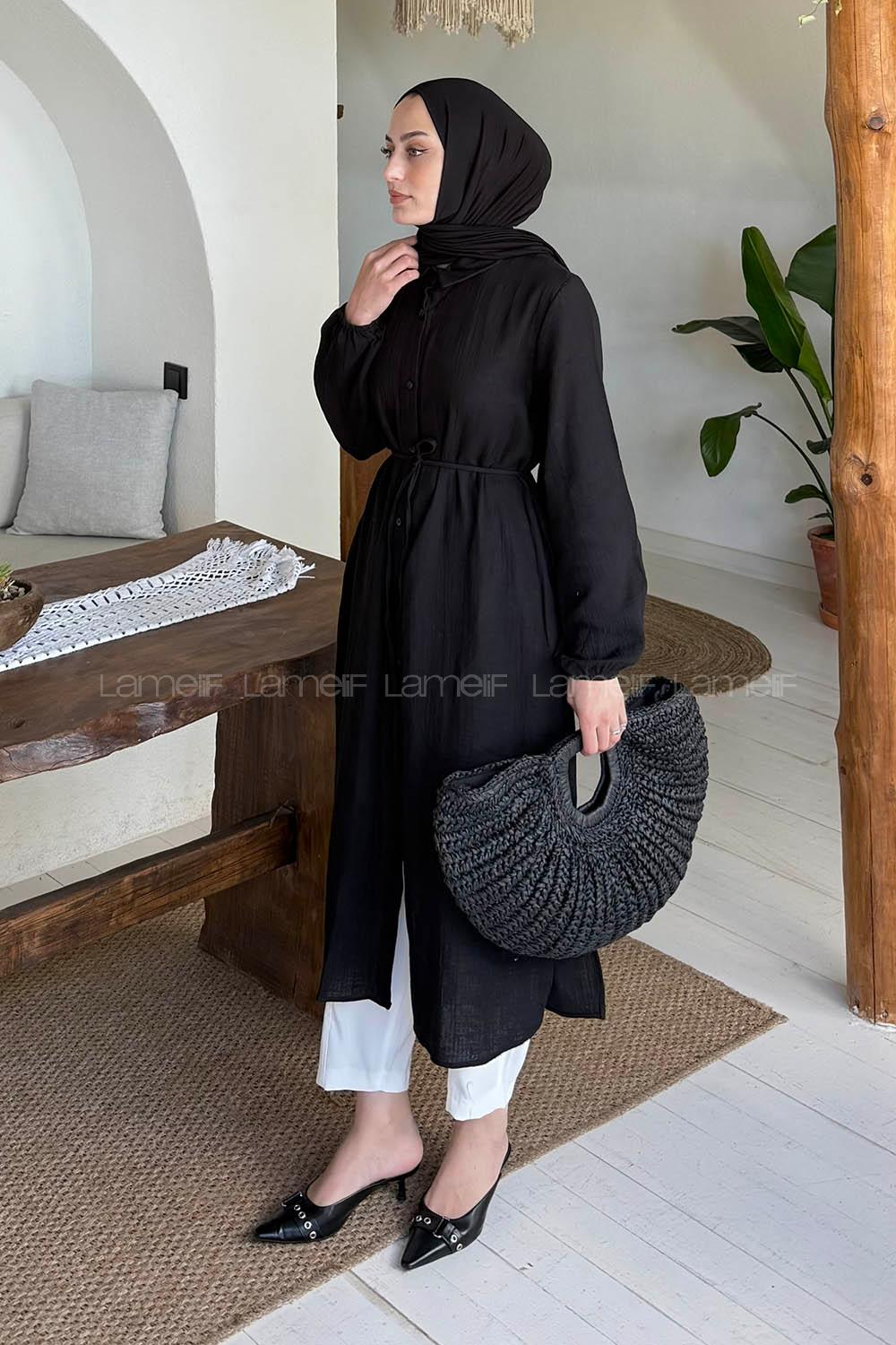 Lamelif Yırtmaç Detaylı Uzun Tesettür Tunik Siyah