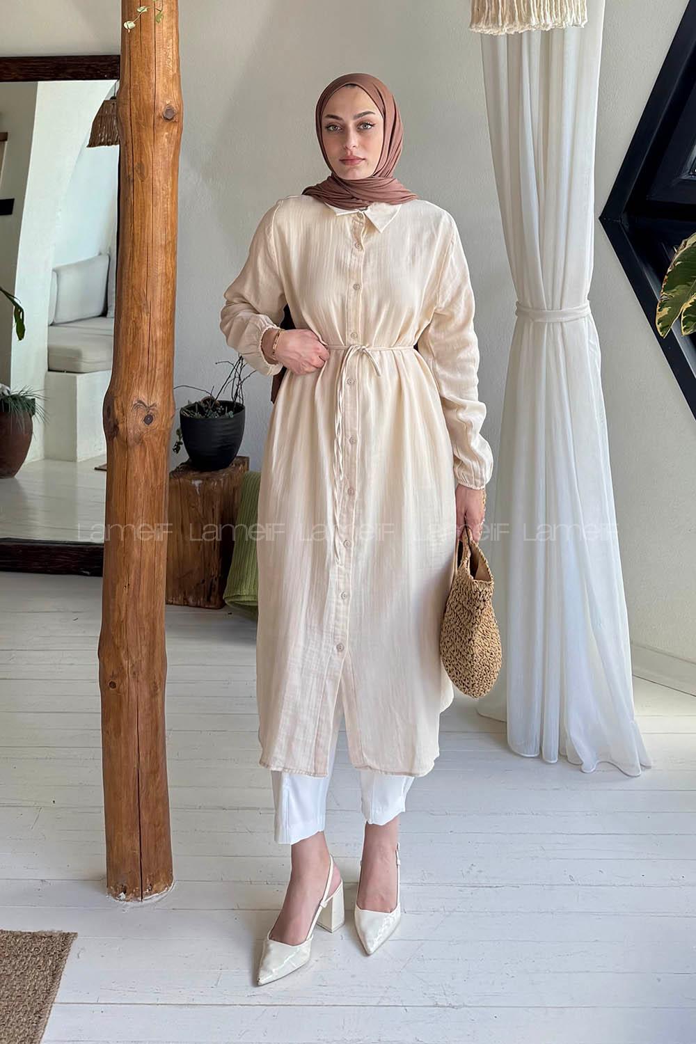 Lamelif Yırtmaç Detaylı Uzun Tesettür Tunik Taş Rengi