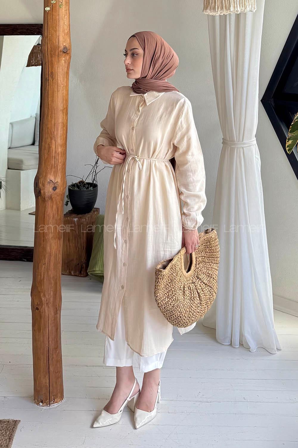 Lamelif Yırtmaç Detaylı Uzun Tesettür Tunik Taş Rengi