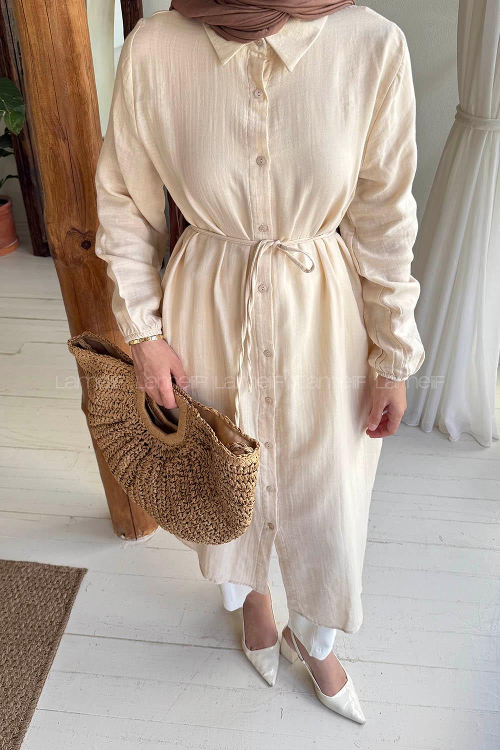 Lamelif Yırtmaç Detaylı Uzun Tesettür Tunik Taş Rengi