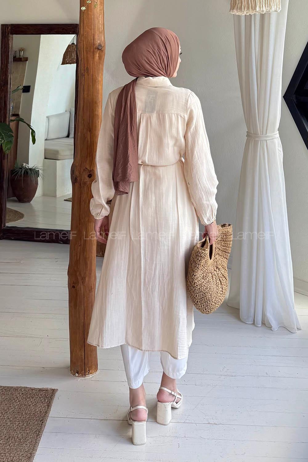 Lamelif Yırtmaç Detaylı Uzun Tesettür Tunik Taş Rengi