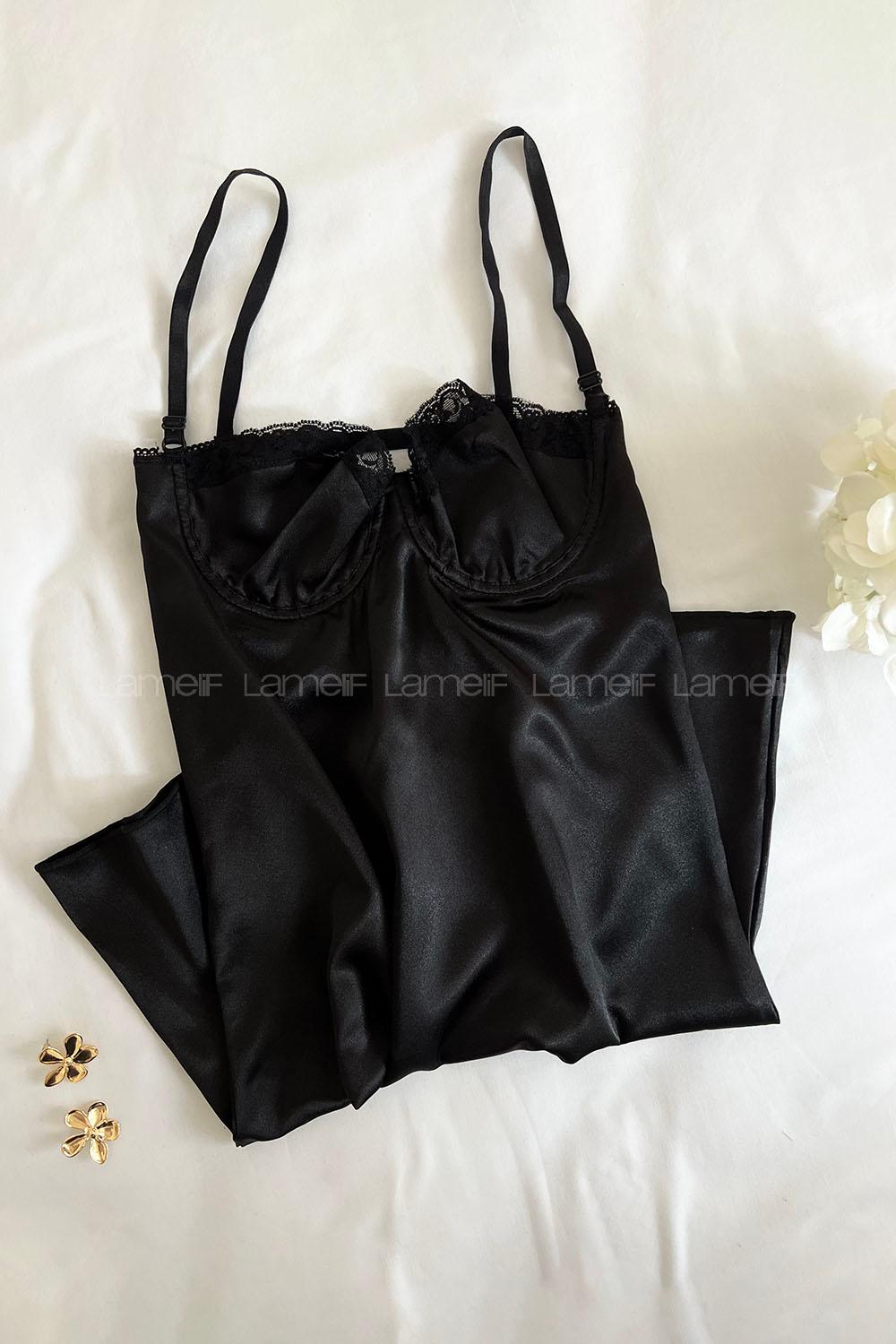 Lamelif Dantelli Saten Gecelik