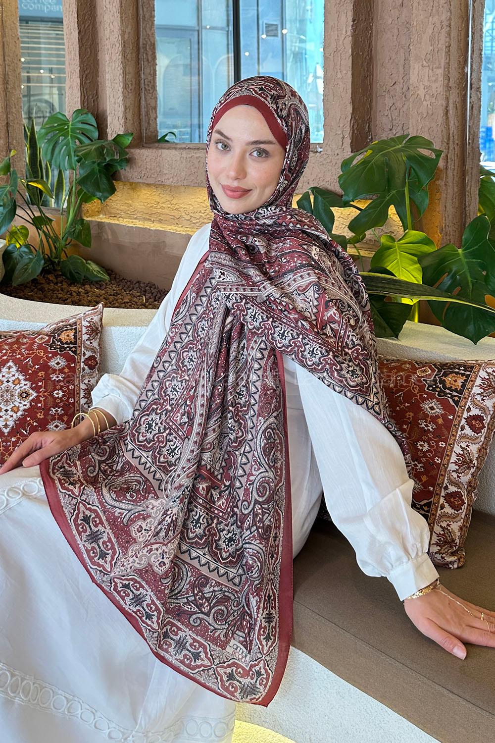 Lamelif Retro Desen Pamuk Şal Bordo