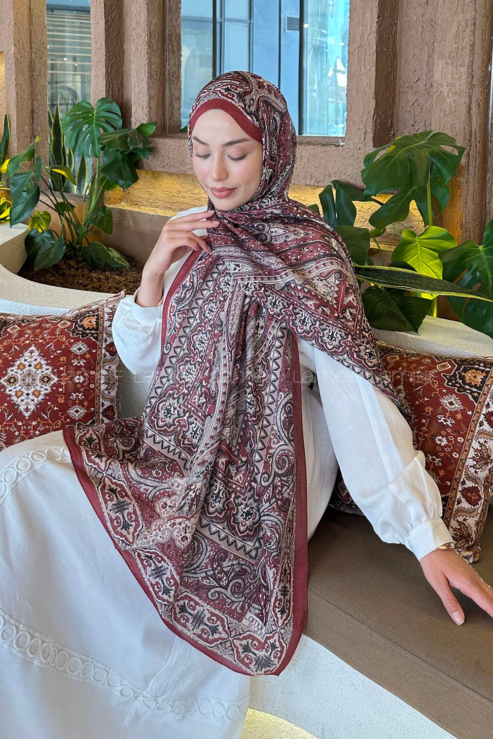 Lamelif Retro Desen Pamuk Şal Bordo