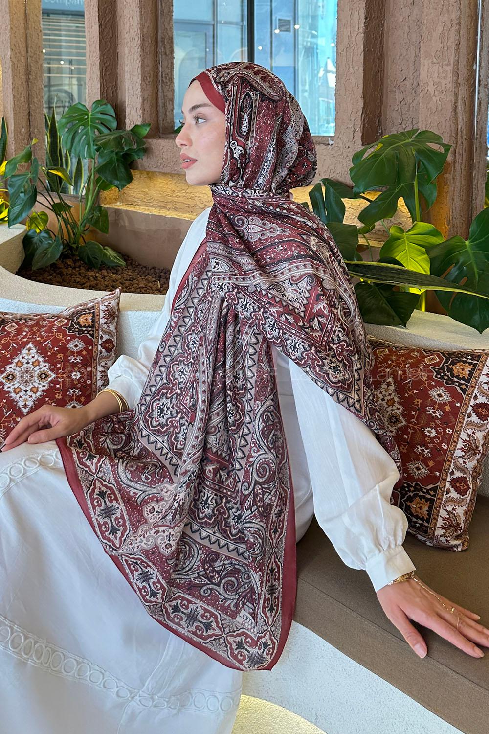 Lamelif Retro Desen Pamuk Şal Bordo