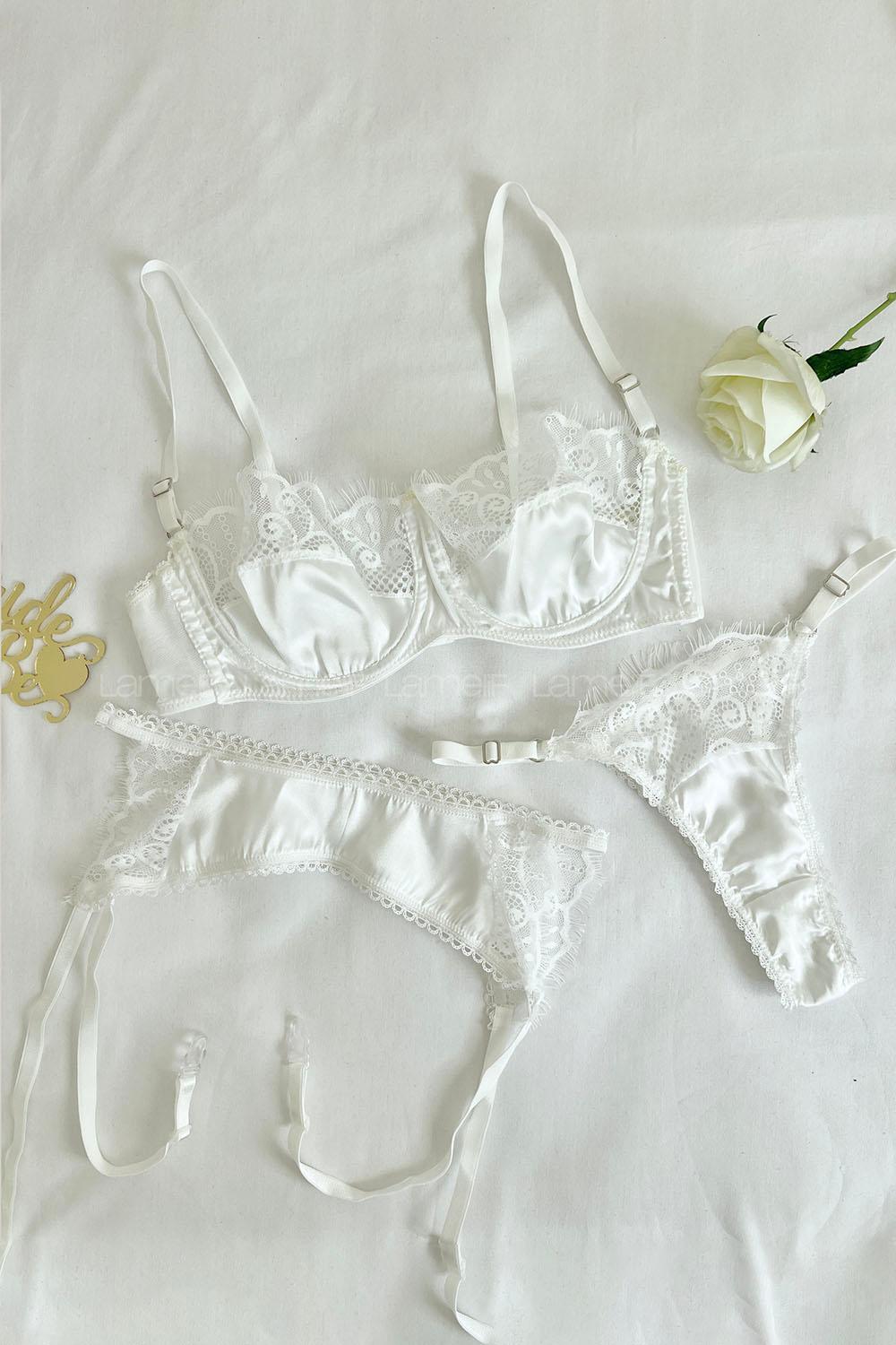 Lamelif Rhera Dantelli Saten Gecelikli Jartiyer Takım