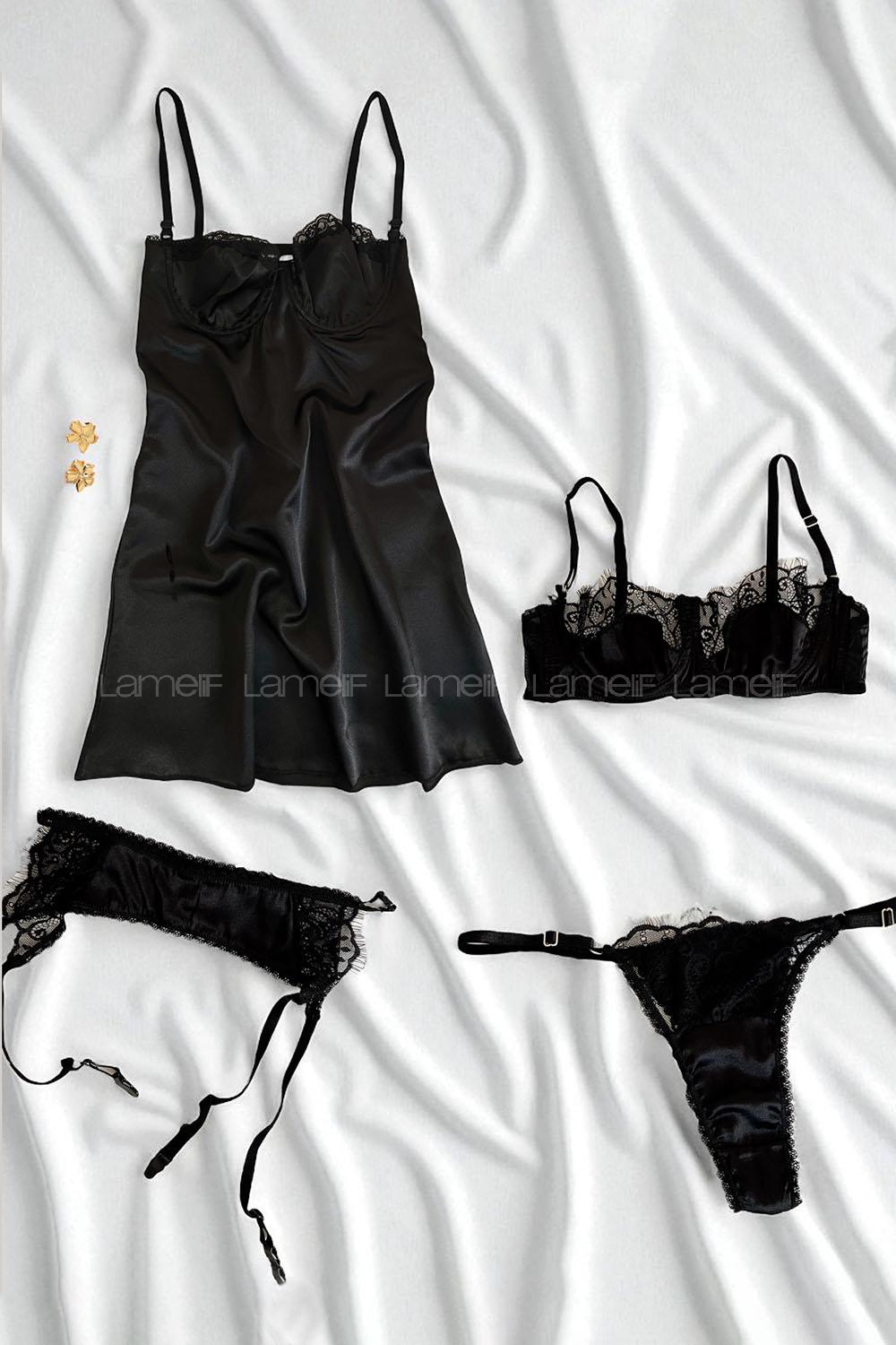 Lamelif Rhera Dantelli Saten Gecelikli Jartiyer Takım