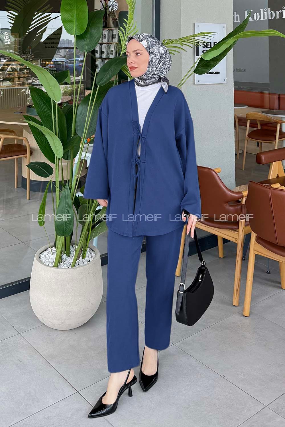 Lamelif İki Bağcıklı Pantolonlu Tesettür Takım İndigo