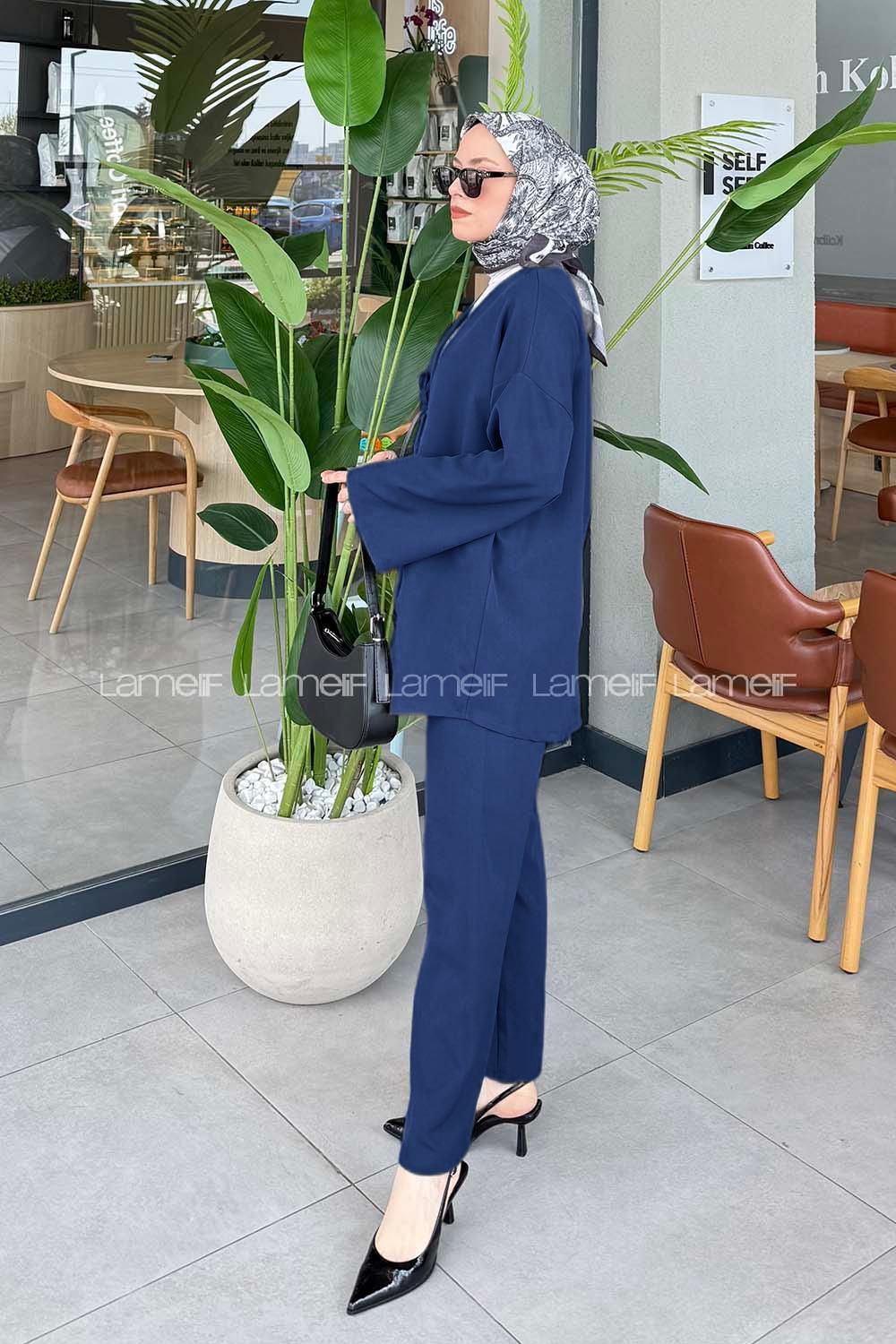 Lamelif İki Bağcıklı Pantolonlu Tesettür Takım İndigo
