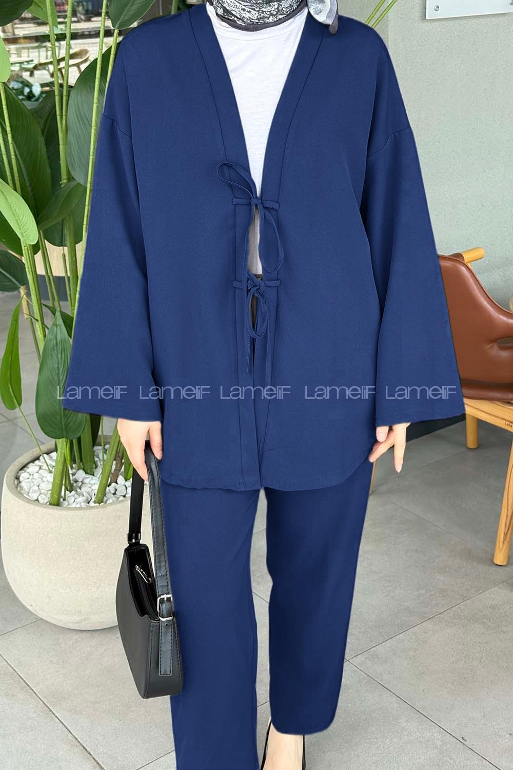 Lamelif İki Bağcıklı Pantolonlu Tesettür Takım İndigo