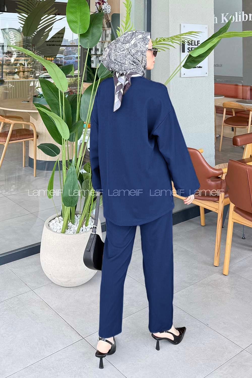 Lamelif İki Bağcıklı Pantolonlu Tesettür Takım İndigo