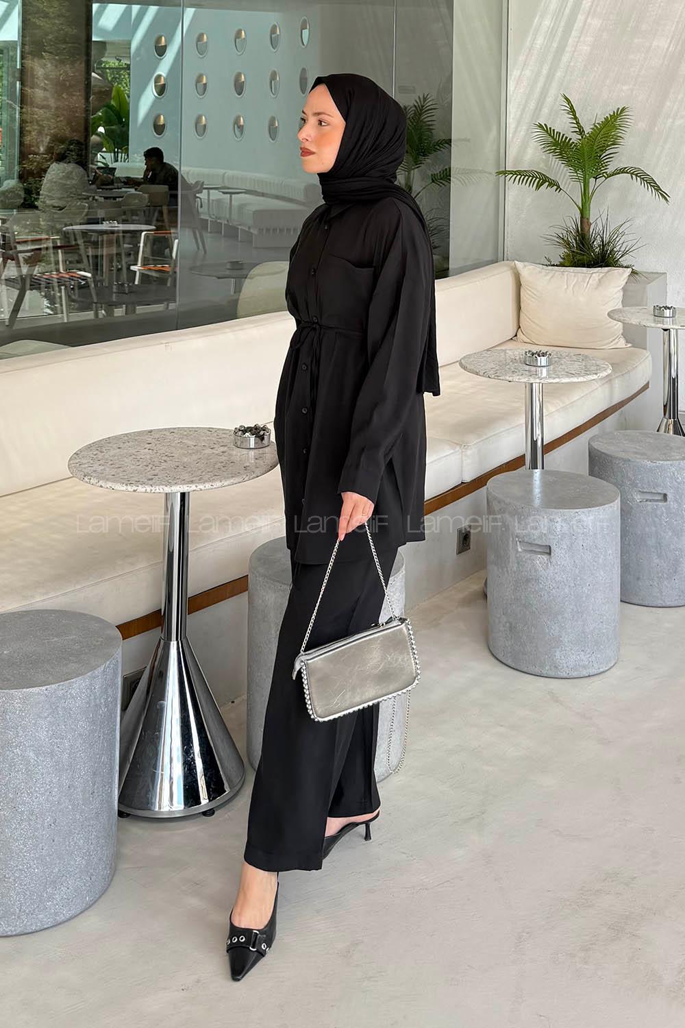 Lamelif Cep Detaylı Modal Tesettür Takım Siyah